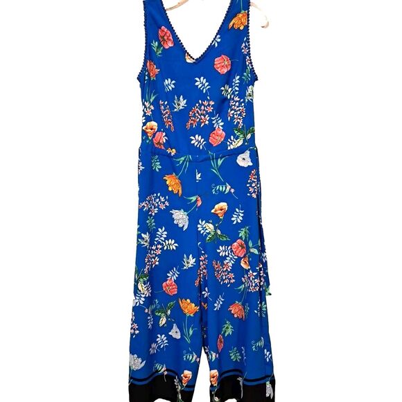 Carolina Belle Montreal Blue Floral Tropical Wide-Leg Midi Jumpsuit Women's M - Picture 1 of 12